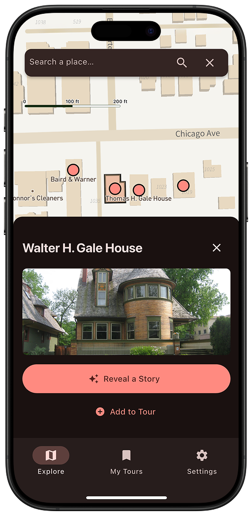 Storydex app showing audio player for walking tours